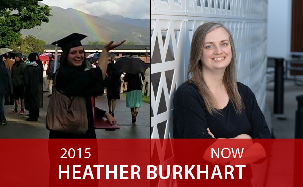 Collage of Heather on her graduation day and modern headshot