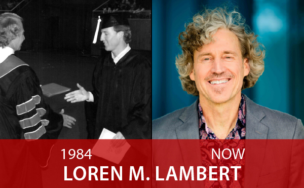 Collage of Loren at graduation and headshot of now